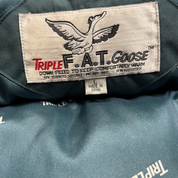 Vintage Triple F.A.T. Goose Down Parka Winter Puffer Coat L Hooded Jacket Teal - Picture 7 of 9